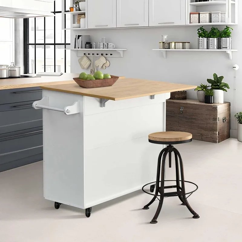 Kitchen Island with Storage, White Marble Tabletop, Rolling Kitchen Island Cart on Wheels with Drop Leaf Breakfast Bar