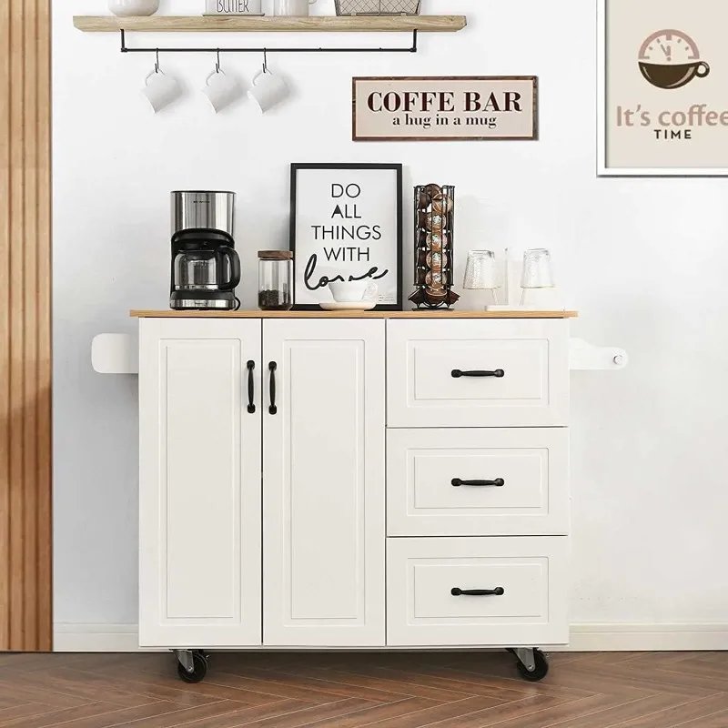 Kitchen Island with Storage, White Marble Tabletop, Rolling Kitchen Island Cart on Wheels with Drop Leaf Breakfast Bar