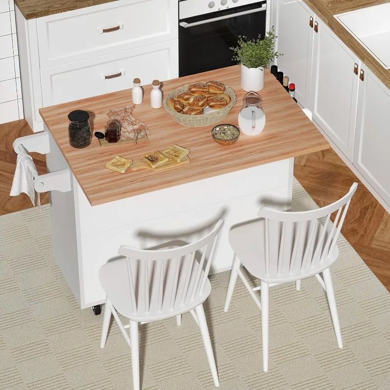 Kitchen Island with Storage, White Marble Tabletop, Rolling Kitchen Island Cart on Wheels with Drop Leaf Breakfast Bar