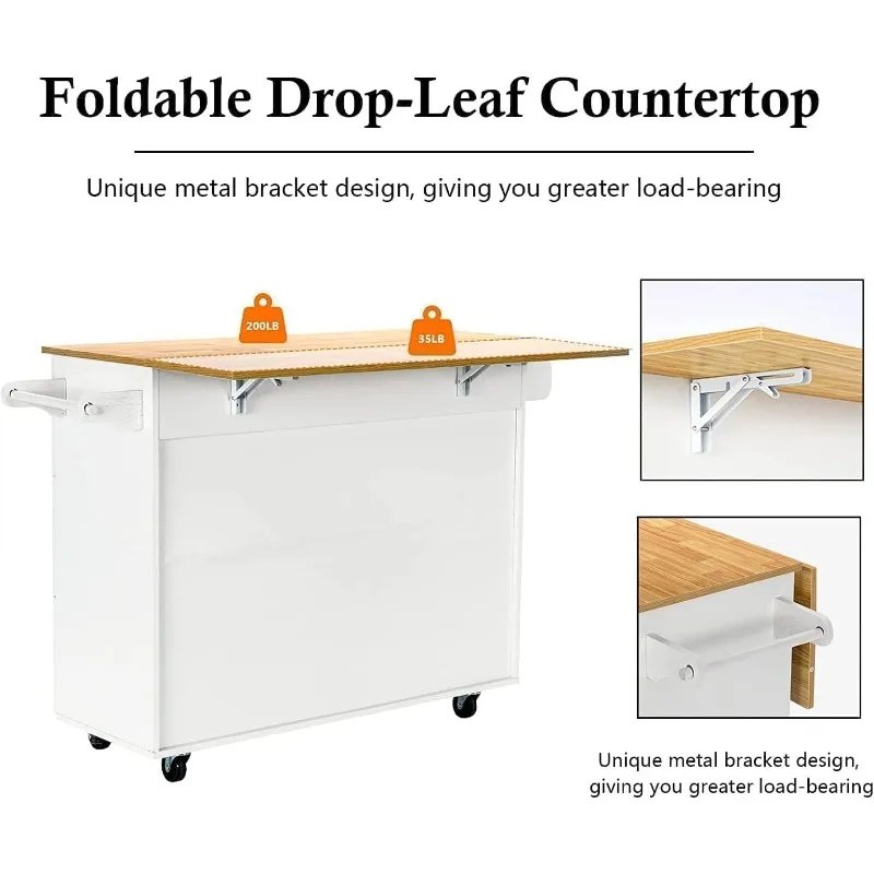 Kitchen Island with Storage, White Marble Tabletop, Rolling Kitchen Island Cart on Wheels with Drop Leaf Breakfast Bar