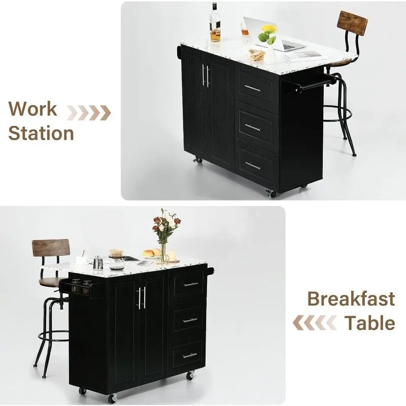 Kitchen Island with Storage, White Marble Tabletop, Rolling Kitchen Island Cart on Wheels with Drop Leaf Breakfast Bar