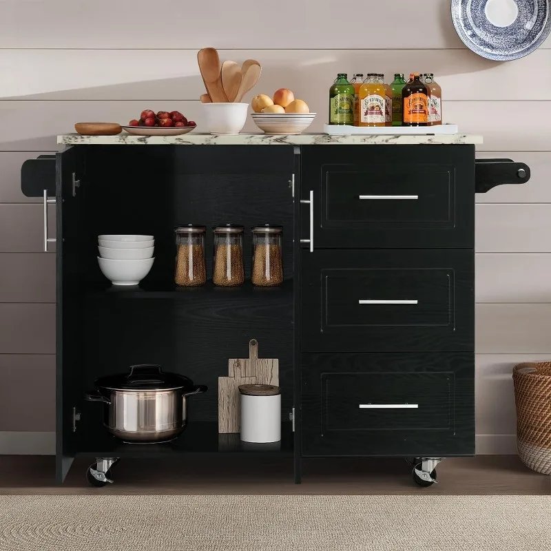 Kitchen Island with Storage, White Marble Tabletop, Rolling Kitchen Island Cart on Wheels with Drop Leaf Breakfast Bar