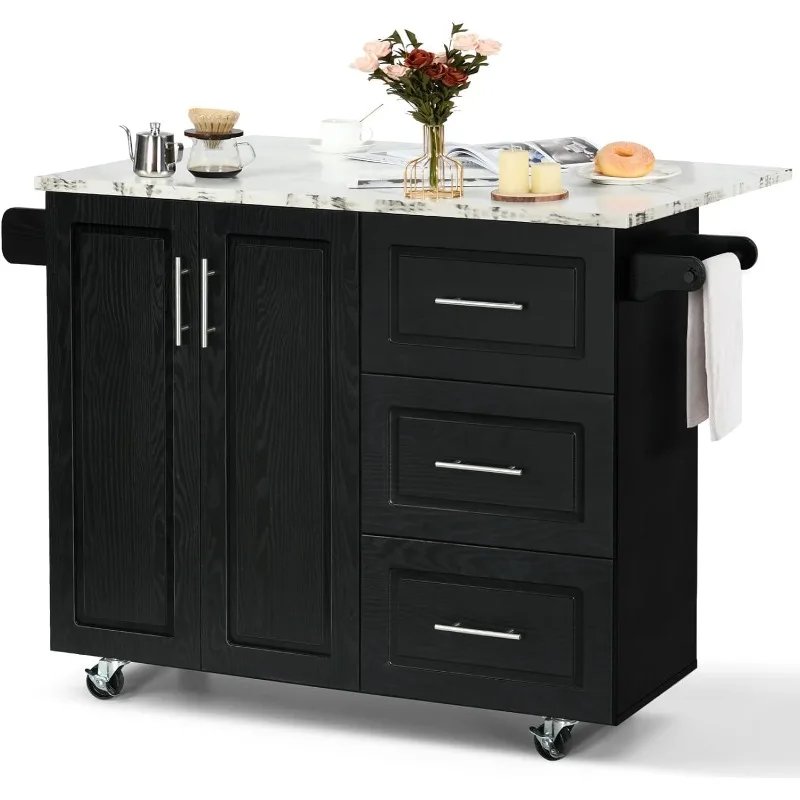 Kitchen Island with Storage, White Marble Tabletop, Rolling Kitchen Island Cart on Wheels with Drop Leaf Breakfast Bar