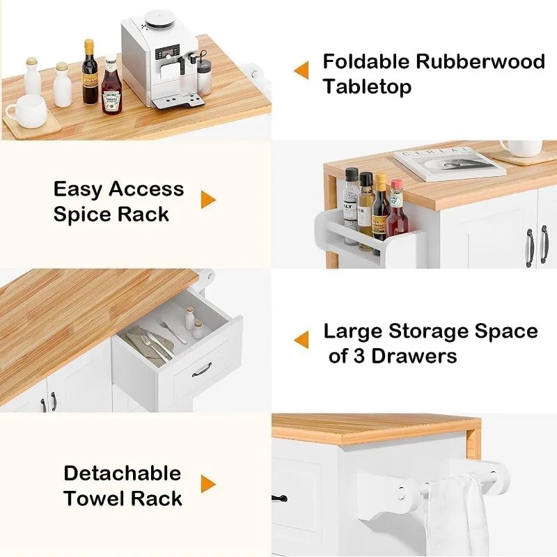 Kitchen Island with Storage, White Marble Tabletop, Rolling Kitchen Island Cart on Wheels with Drop Leaf Breakfast Bar