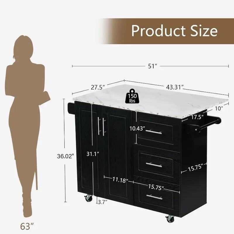 Kitchen Island with Storage, White Marble Tabletop, Rolling Kitchen Island Cart on Wheels with Drop Leaf Breakfast Bar