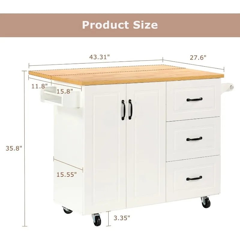 Kitchen Island with Storage, White Marble Tabletop, Rolling Kitchen Island Cart on Wheels with Drop Leaf Breakfast Bar