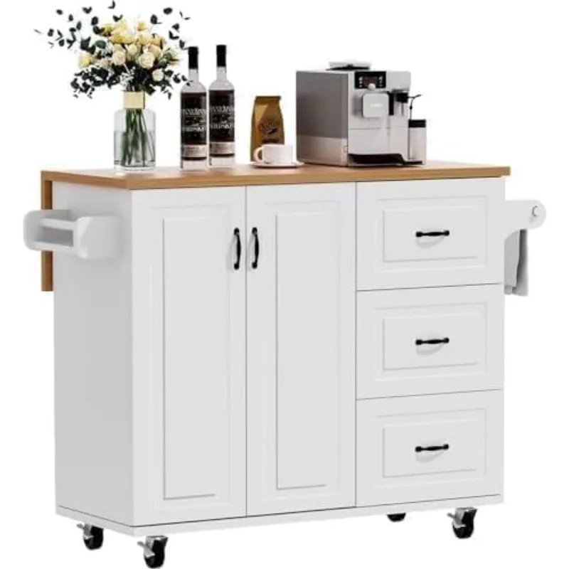 Kitchen Island with Storage, White Marble Tabletop, Rolling Kitchen Island Cart on Wheels with Drop Leaf Breakfast Bar