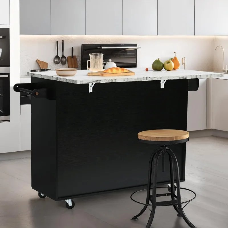 Kitchen Island with Storage, White Marble Tabletop, Rolling Kitchen Island Cart on Wheels with Drop Leaf Breakfast Bar