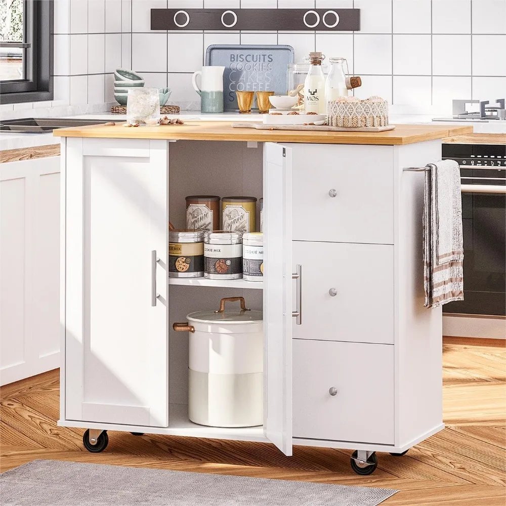 SUNLEI Kitchen Island on Wheels with Storage Cabinet & Foldable Drop Leaf, Rolling Kitchen Table, Cart Handle for Towel Rack