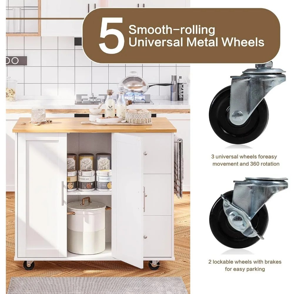 SUNLEI Kitchen Island on Wheels with Storage Cabinet & Foldable Drop Leaf, Rolling Kitchen Table, Cart Handle for Towel Rack