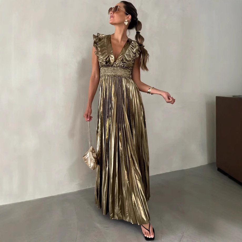 Pleated Sexy V-neck Dress