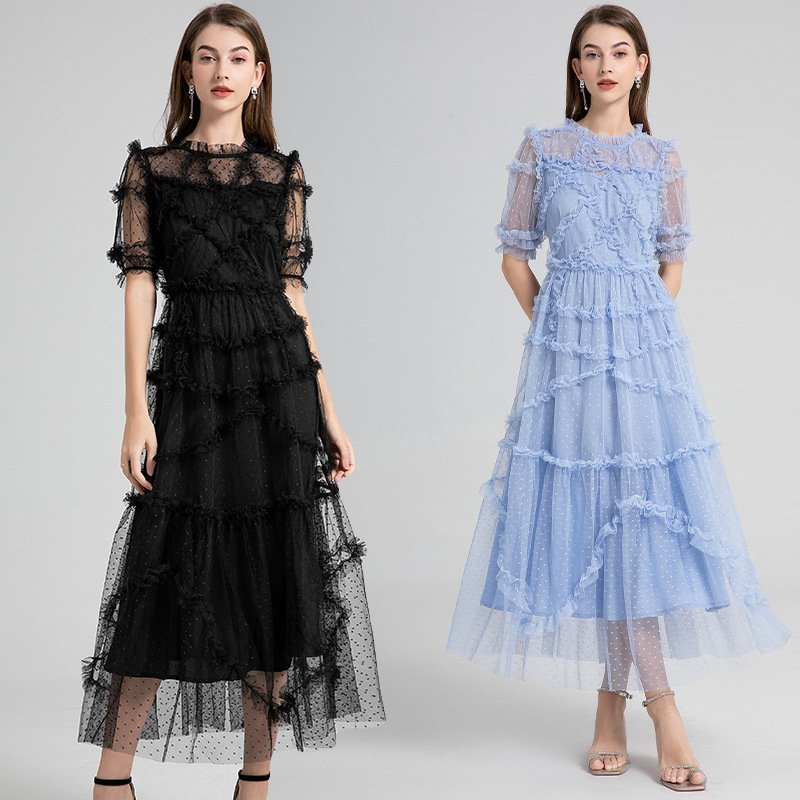 French Short Sleeves Polka Dot Dress