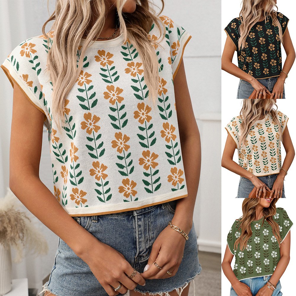 Short Sleeve Color Flower Sweater