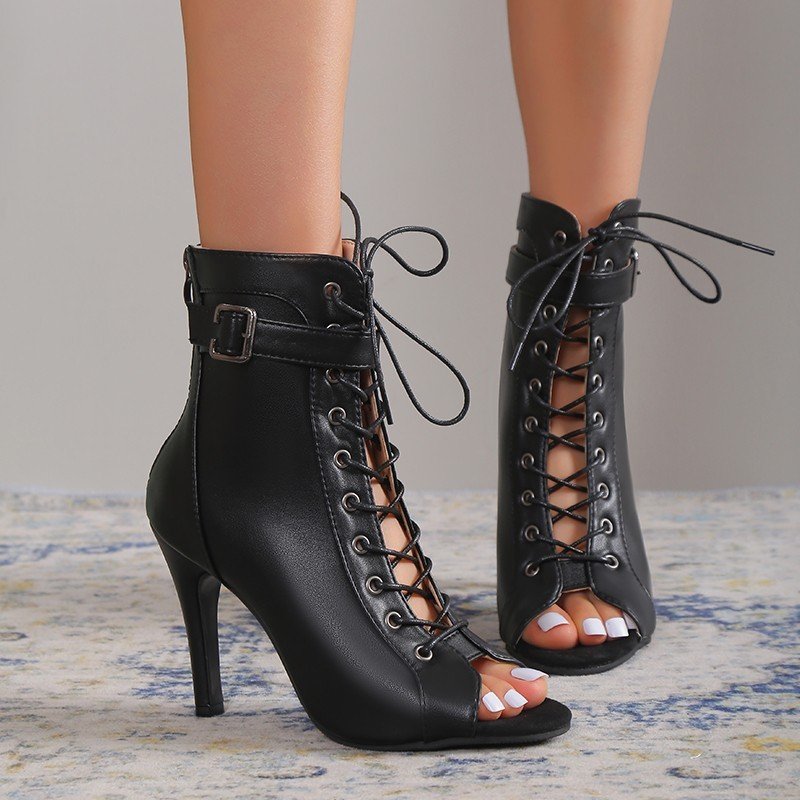 Lace-up Buckle Heels With Back Zipper