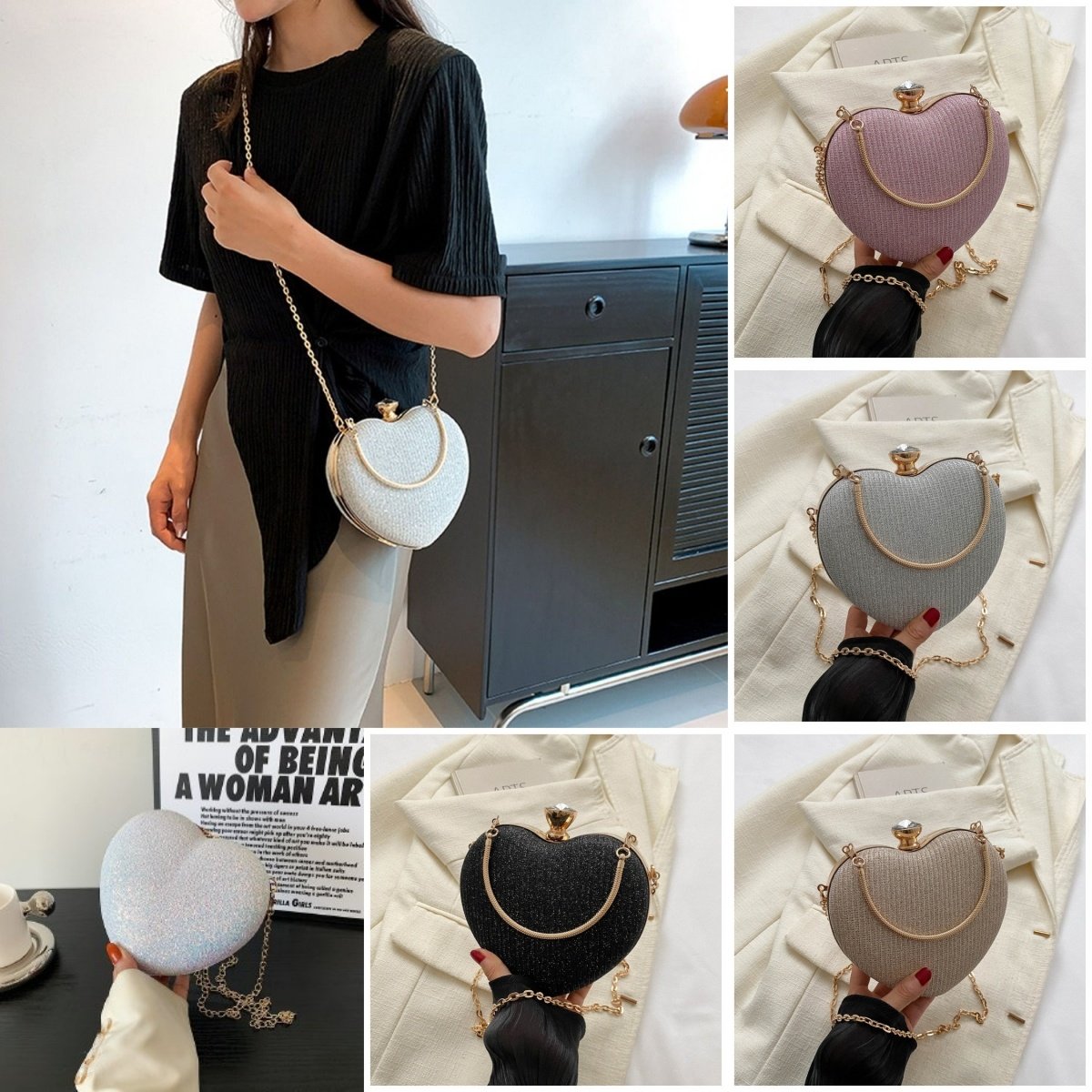 Heart Shape Metal Chain Clutches Shoulderbag