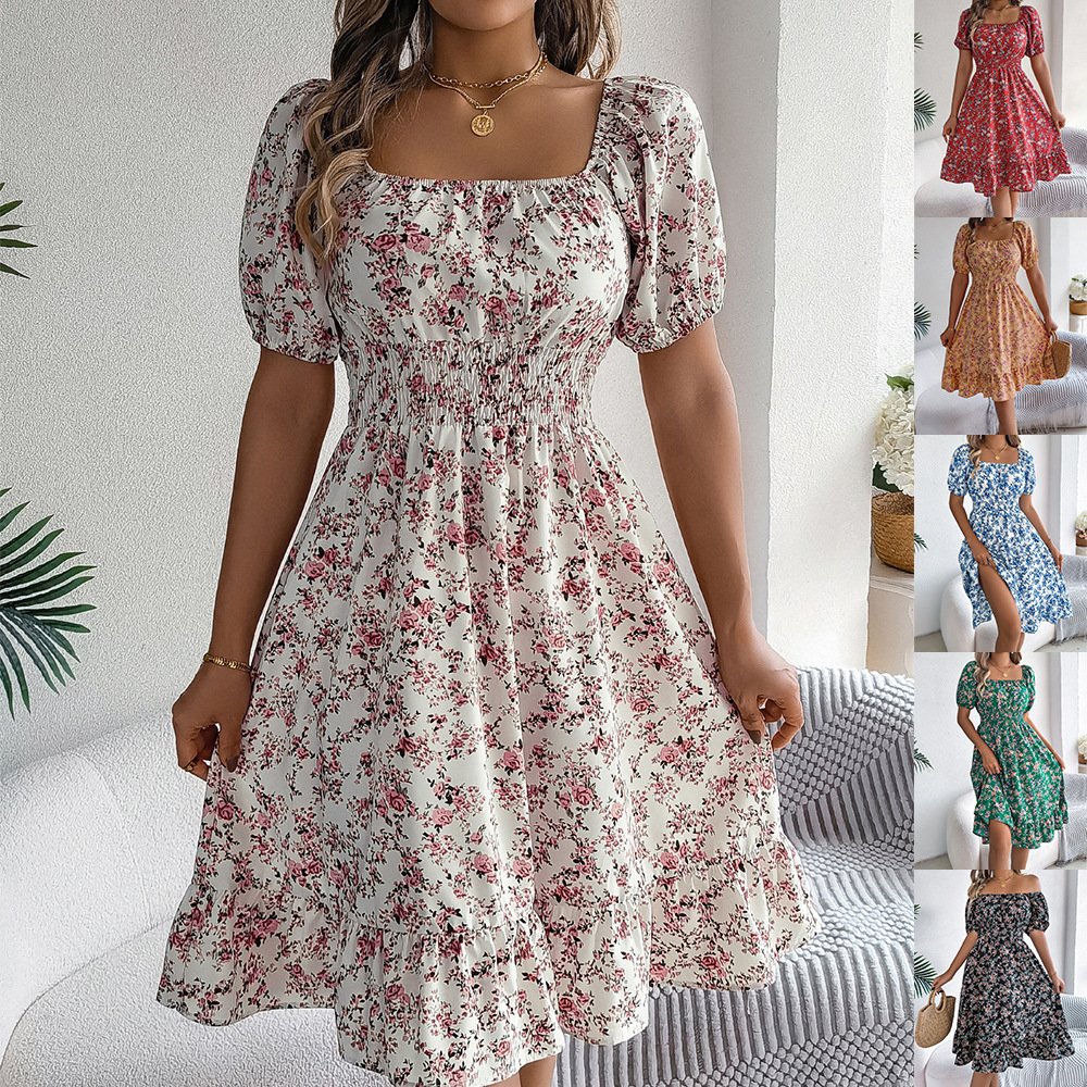 Women's Floral Print Square Collar Dress