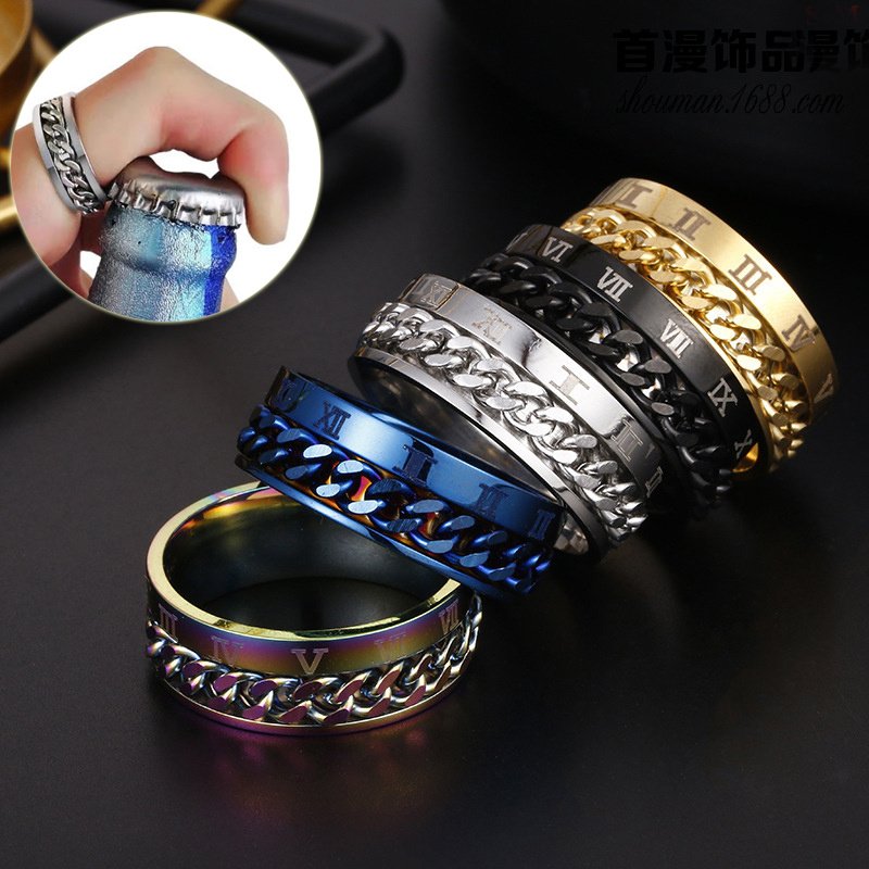 Men Roman Letter Rotatable Chain Rings