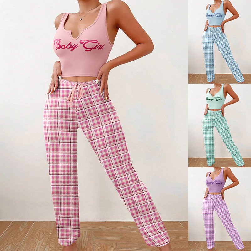 Pajamas Home Wear Matching Plaid Trousers