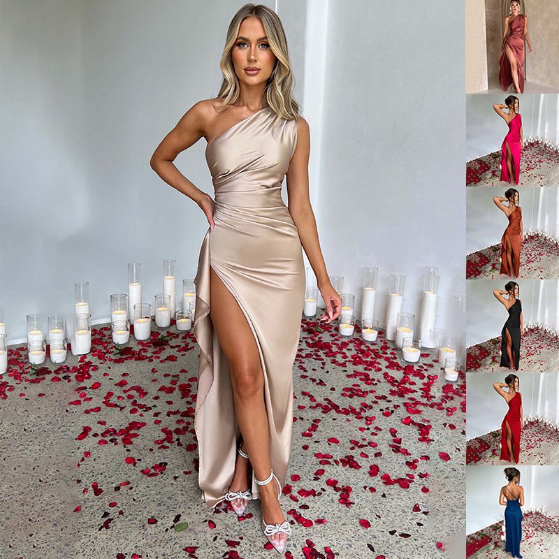 Elegant One-shoulder Backless Slit Dress