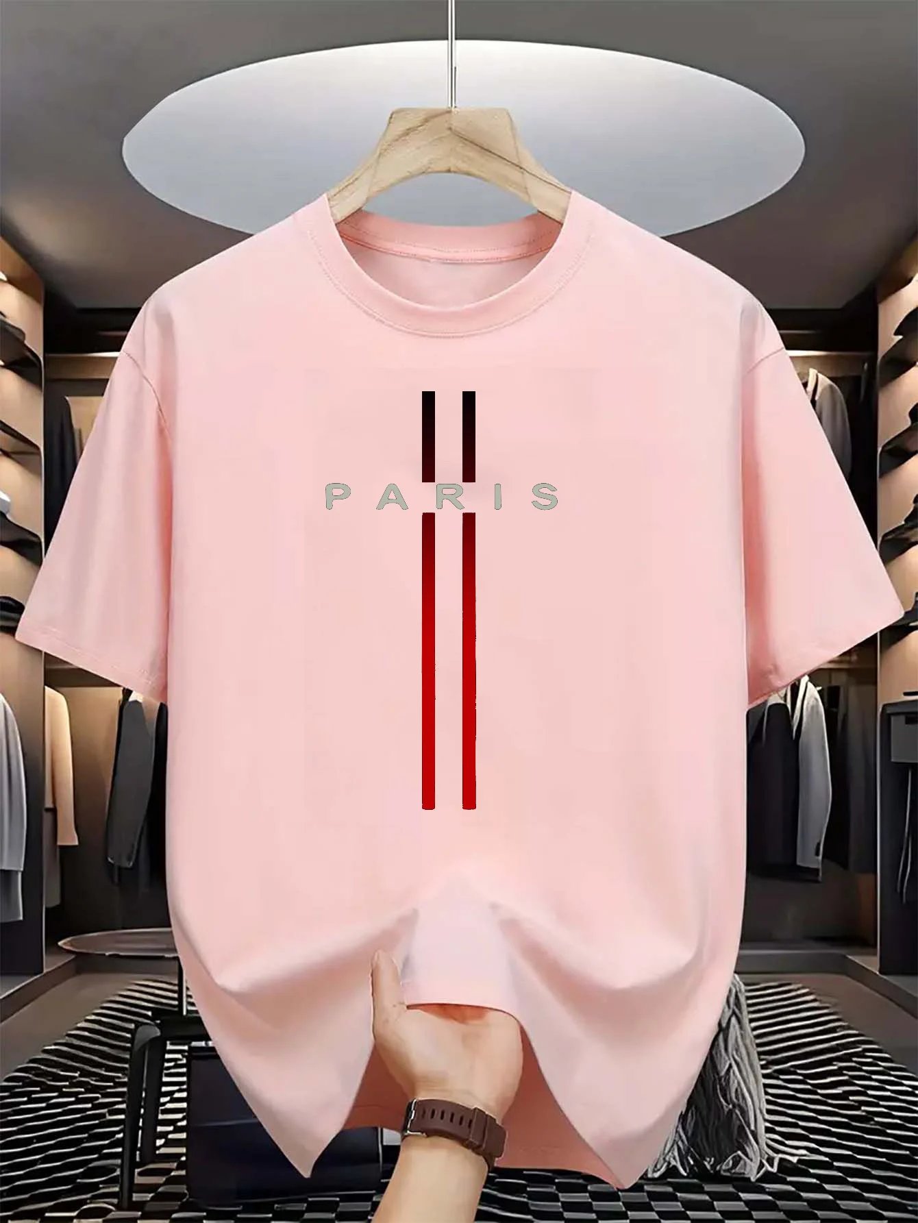 Men's 100% pure cotton summer casual loose fashion Paris letter printed comfortable round neck short sleeved T-shirt top