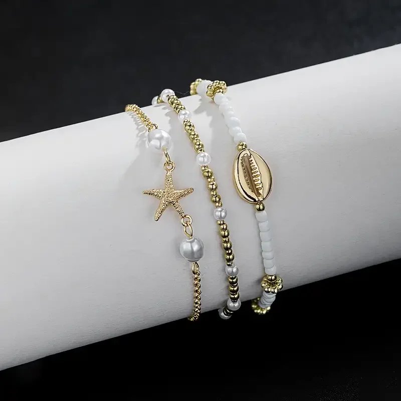 3 Pcs Beach Beaded Anklet Set for Women Vintage Summer Gold Color Starfish Shell Charms Anklet Vacation Daily Wear Jewelry Gifts