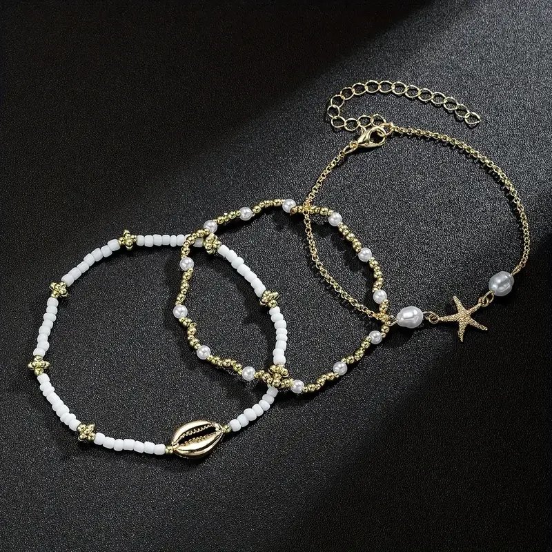 3 Pcs Beach Beaded Anklet Set for Women Vintage Summer Gold Color Starfish Shell Charms Anklet Vacation Daily Wear Jewelry Gifts