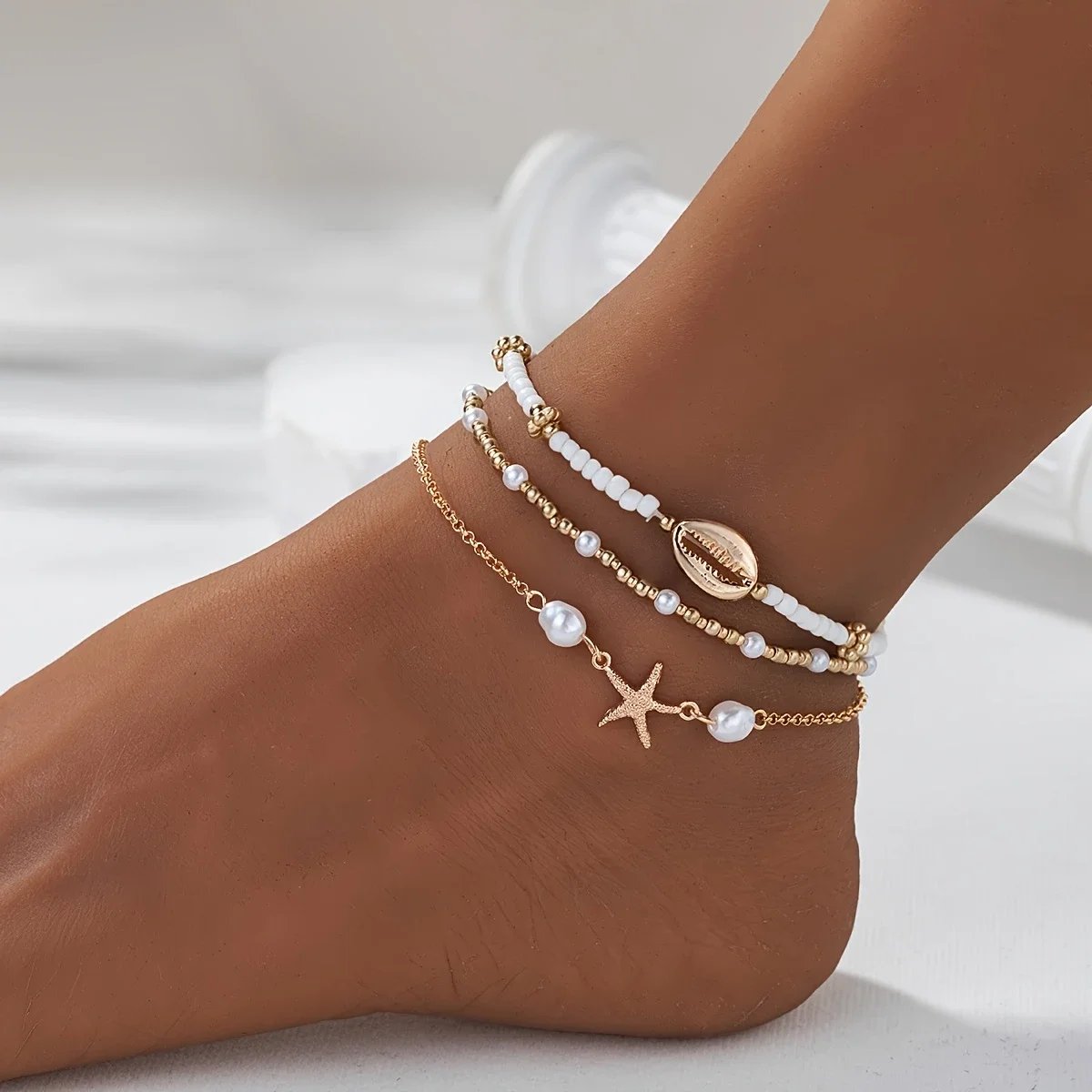 Women Beaded Gold Color Starfish Shell Anklet