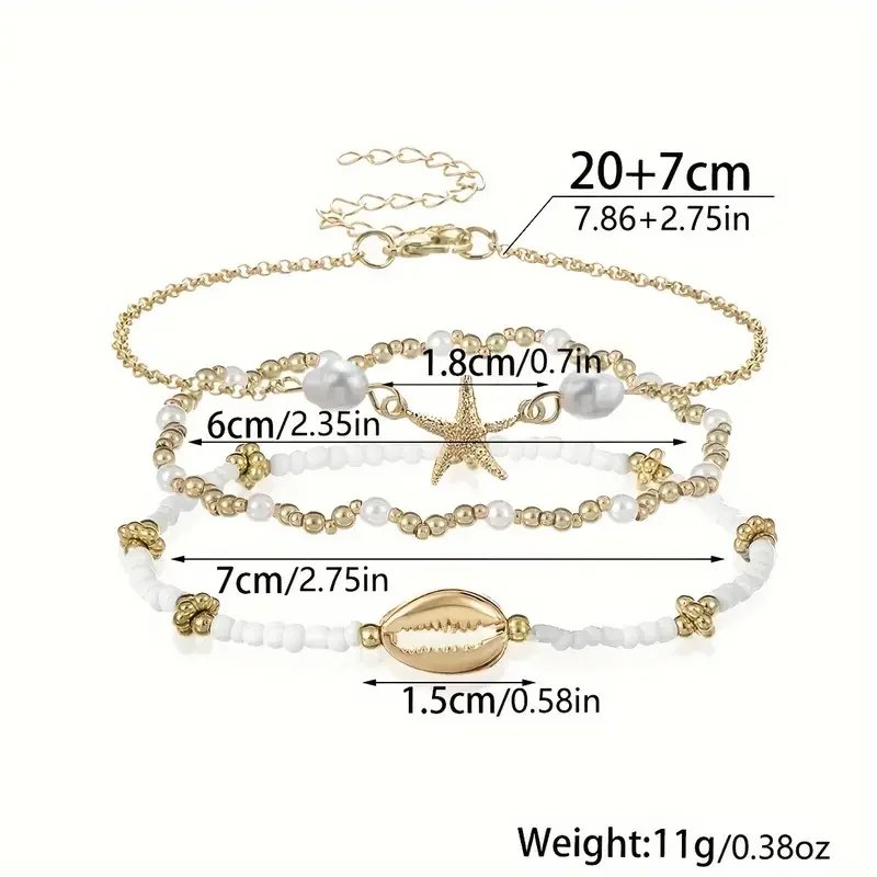 3 Pcs Beach Beaded Anklet Set for Women Vintage Summer Gold Color Starfish Shell Charms Anklet Vacation Daily Wear Jewelry Gifts