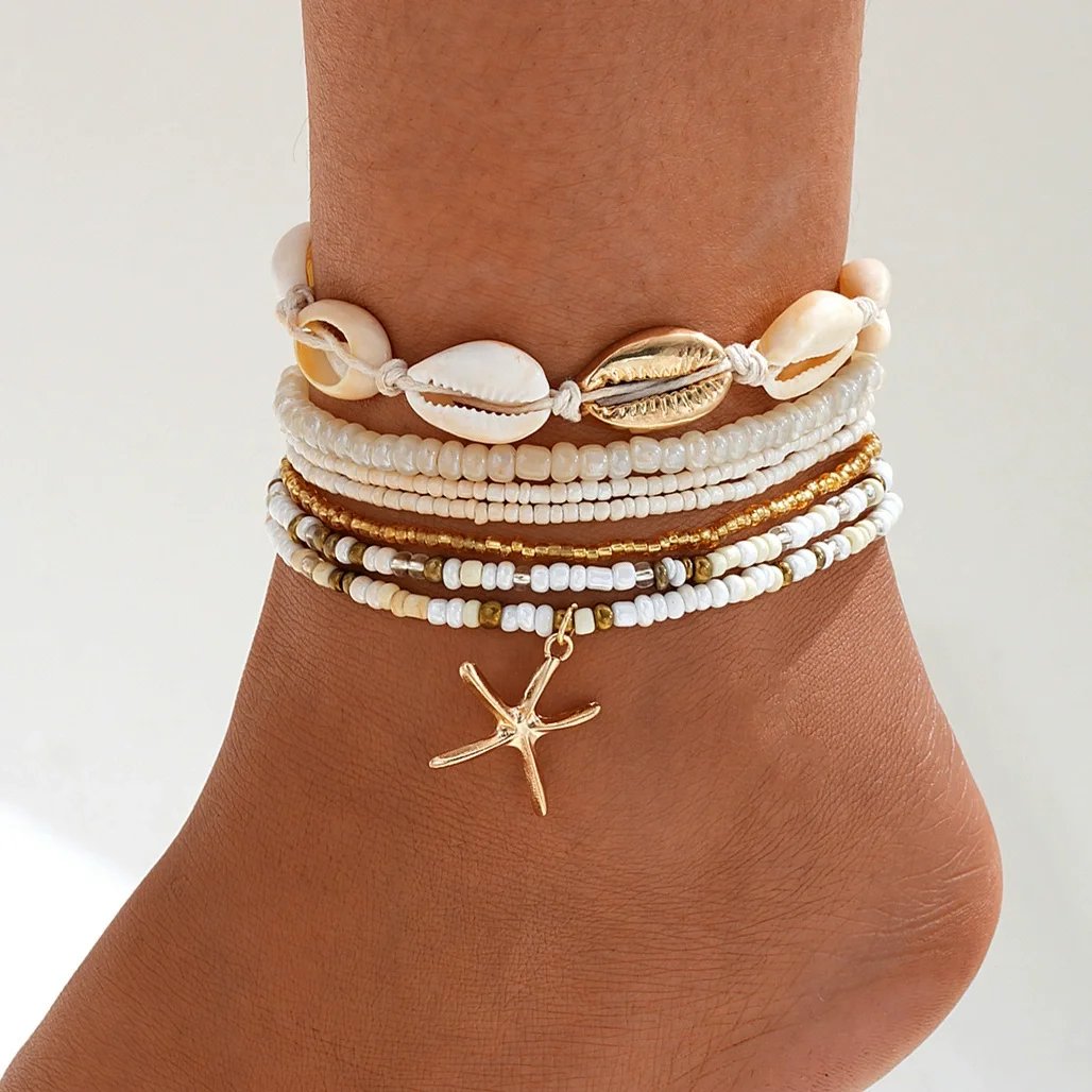 3 Pcs Beach Beaded Anklet Set for Women Vintage Summer Gold Color Starfish Shell Charms Anklet Vacation Daily Wear Jewelry Gifts
