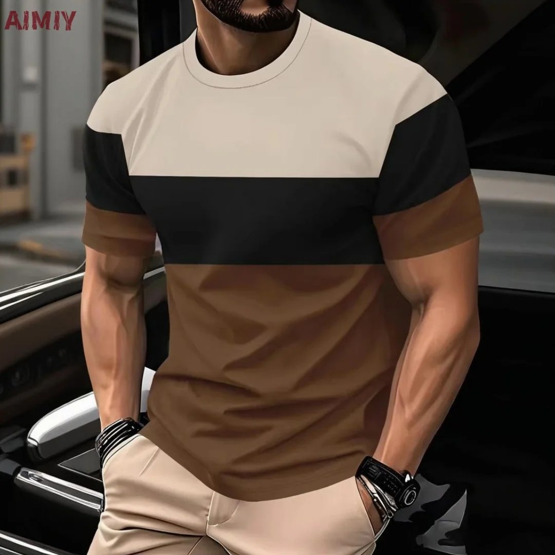 Men's Oversized T-shirt Summer Outdoor Casual Round Neck Short Sleeve Top Striped Printed Style OverSize Loose Men's Clothing