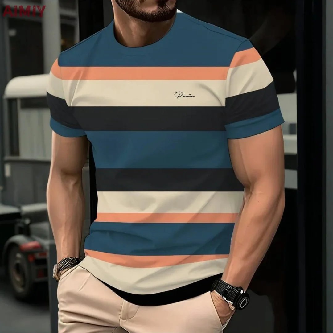 Men's Oversized T-shirt Summer Outdoor Casual Round Neck Short Sleeve Top Striped Printed Style OverSize Loose Men's Clothing
