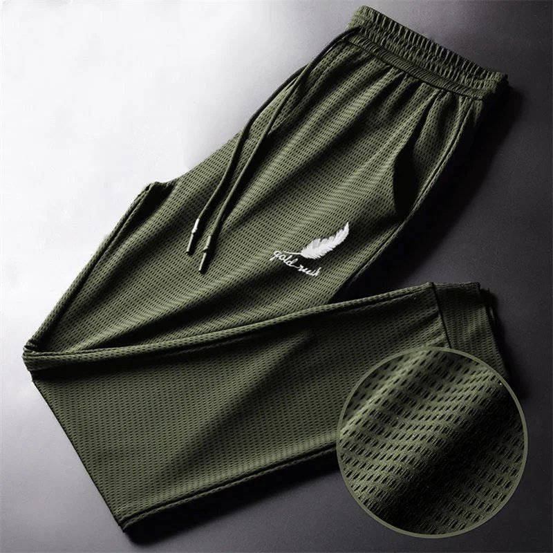 Men's Hollow Out Ice Silk Pants Mesh Breathable Casual Thin Quick Dry Pant Loose Elastic Beam Feet Pants Sports Fitness Trousers