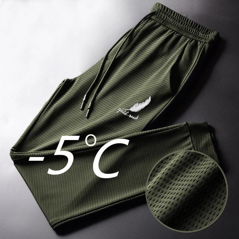 Men's Hollow Out Ice Silk Pants Mesh Breathable Casual Thin Quick Dry Pant Loose Elastic Beam Feet Pants Sports Fitness Trousers