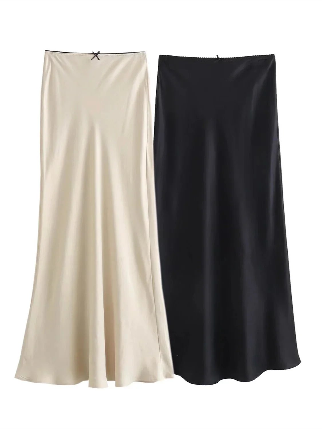 TRAF Women Fashion 2024 Spring New Satin Texture Bow Decoration Vintage Chic Female High Waist H Line Long Skirts Mujer