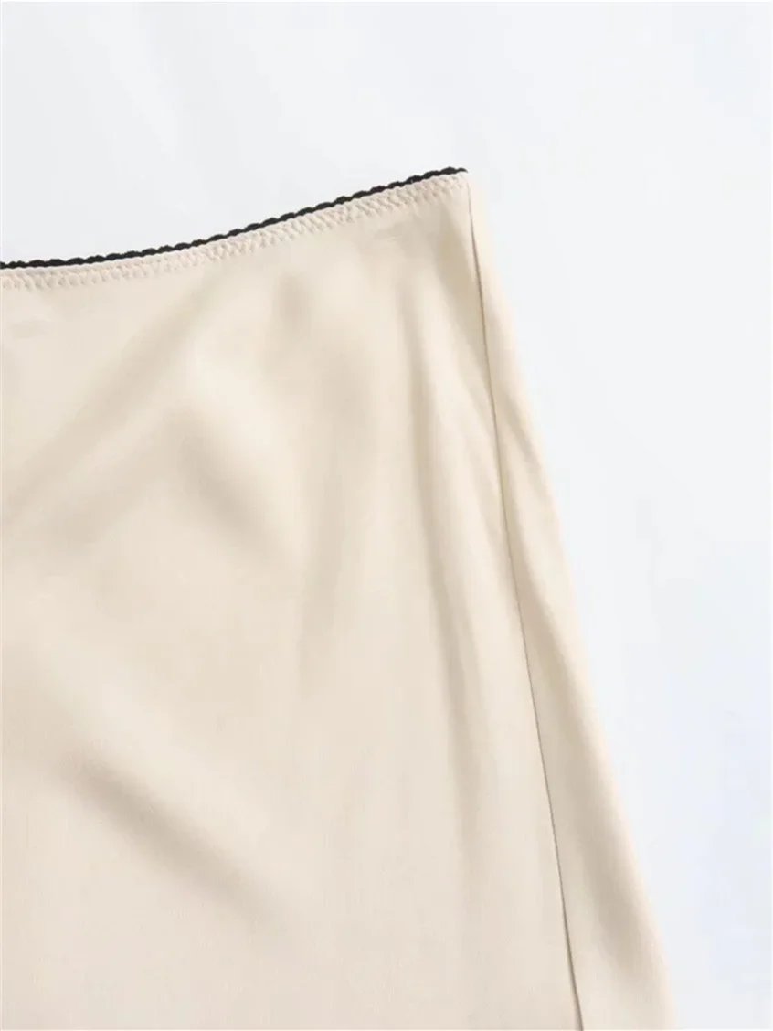 TRAF Women Fashion 2024 Spring New Satin Texture Bow Decoration Vintage Chic Female High Waist H Line Long Skirts Mujer