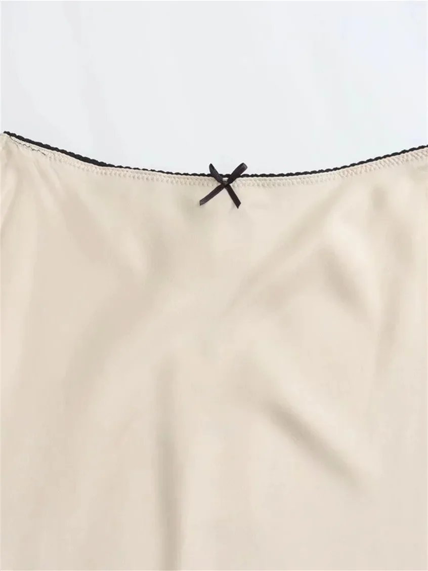 TRAF Women Fashion 2024 Spring New Satin Texture Bow Decoration Vintage Chic Female High Waist H Line Long Skirts Mujer