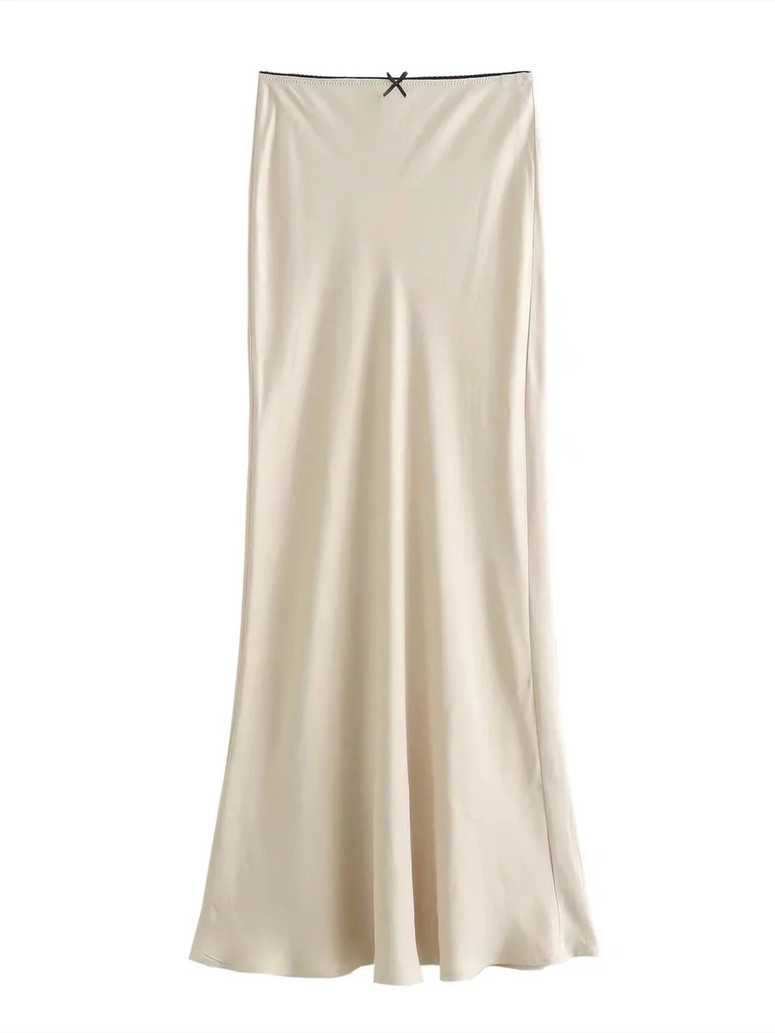 TRAF Women Fashion 2024 Spring New Satin Texture Bow Decoration Vintage Chic Female High Waist H Line Long Skirts Mujer