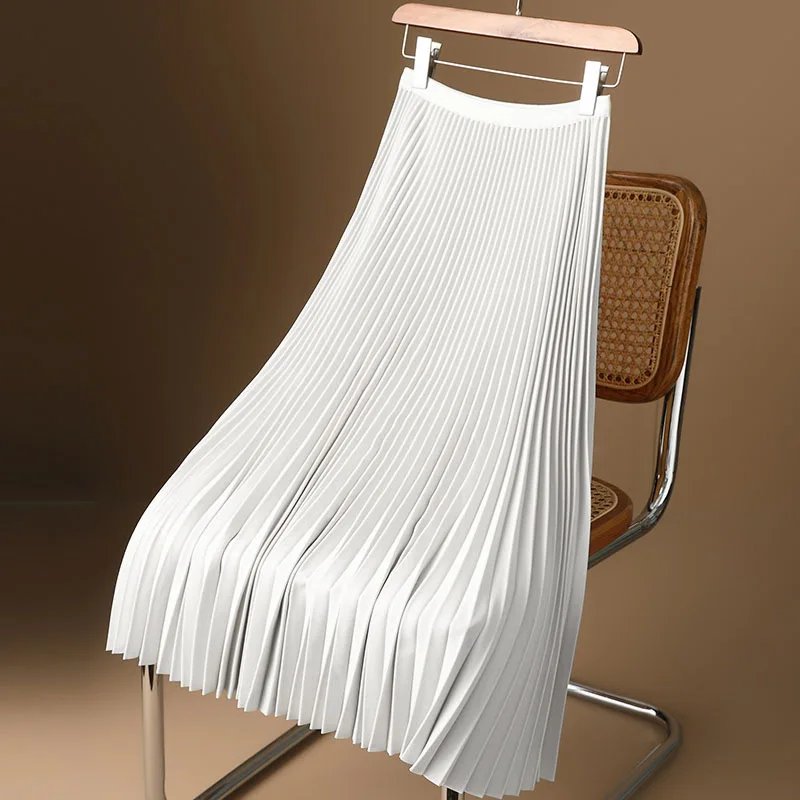 Women Vintage Midi Skirt Wide Elastic Waistband High Waist Pleated A-Line Skirt Summer Solid Color Smooth Satin Long Skirts
