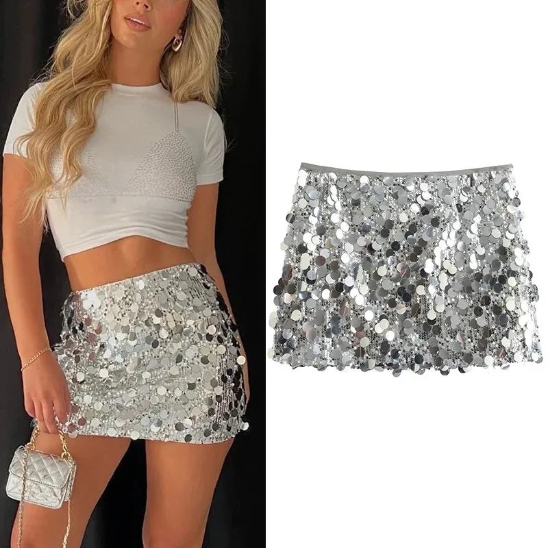 Silver Sequin Shiny Glitter Mini Skirts