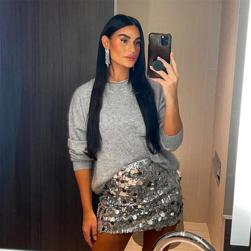 Silver Sequin Skirt Woman High Waist Mini Skirt Woman Fashion Shiny Glitter Elegant Short Skirts For Women Y2k Skirts