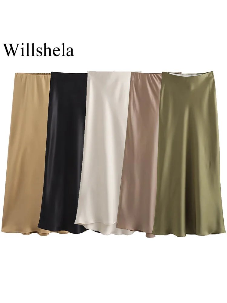 Willshela Satin Pleated Midi Vintage Skirt