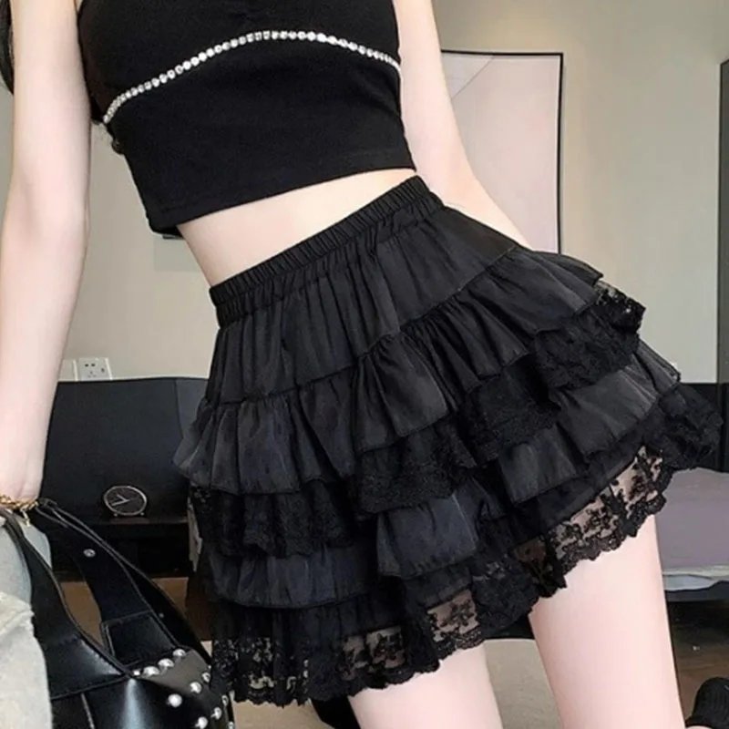 Elastic Gothic Lace Tutu Skirt Women Black Mesh Detail Petticoat Sexy Mini Tulle Skirts Party Club Wear Dancer