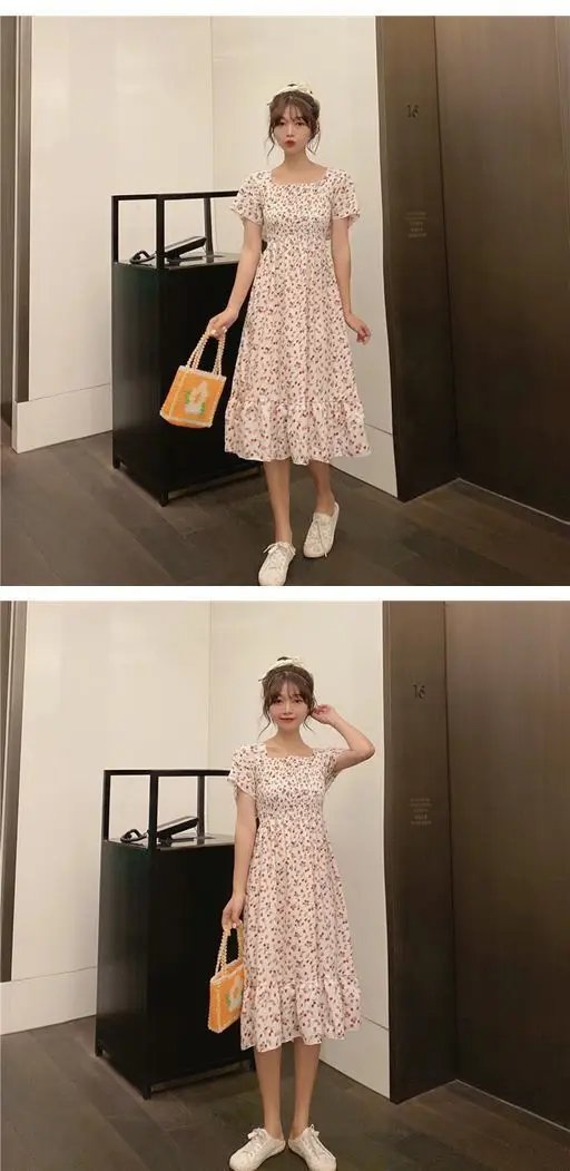2025 New Spring Summer Dress Women Mini Dresses Female Short Sleeve Elastic Bust Printed Floral Pleated Backless Casual Dress