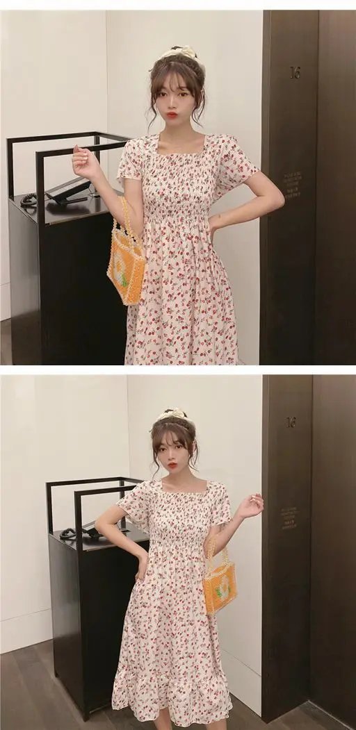2025 New Spring Summer Dress Women Mini Dresses Female Short Sleeve Elastic Bust Printed Floral Pleated Backless Casual Dress
