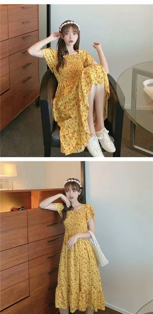 2025 New Spring Summer Dress Women Mini Dresses Female Short Sleeve Elastic Bust Printed Floral Pleated Backless Casual Dress