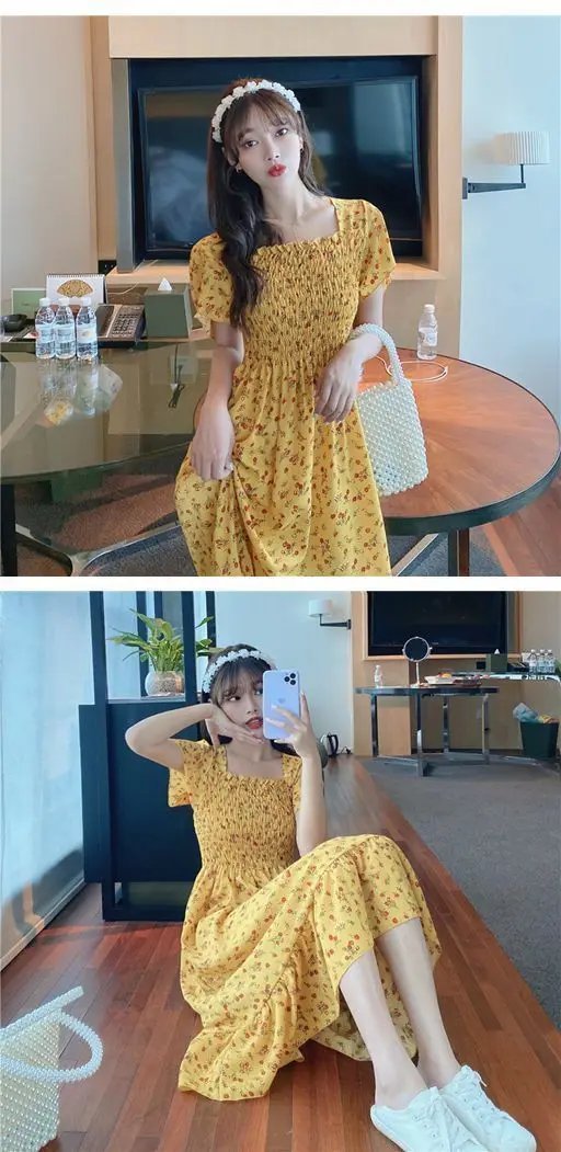 2025 New Spring Summer Dress Women Mini Dresses Female Short Sleeve Elastic Bust Printed Floral Pleated Backless Casual Dress
