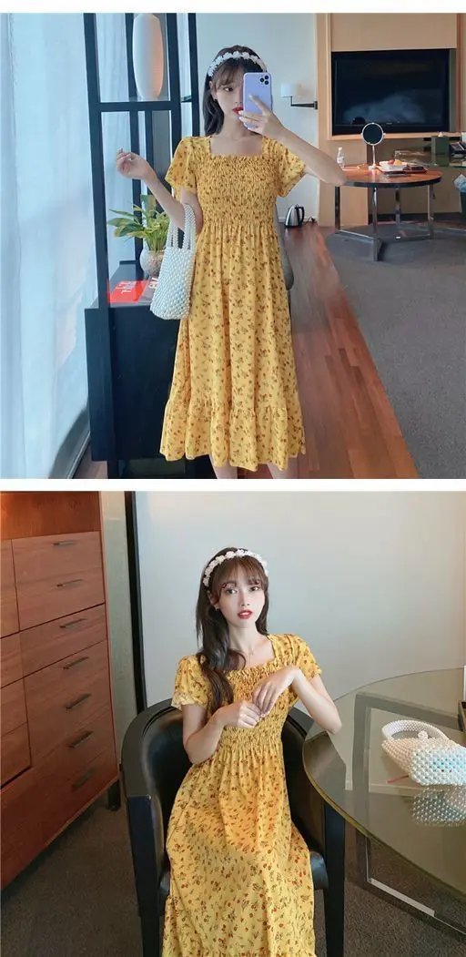 2025 New Spring Summer Dress Women Mini Dresses Female Short Sleeve Elastic Bust Printed Floral Pleated Backless Casual Dress