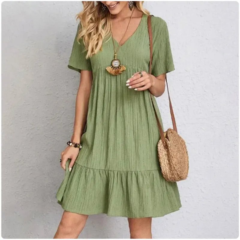 V-Neck Short Sleeve Loose Waist  Dress