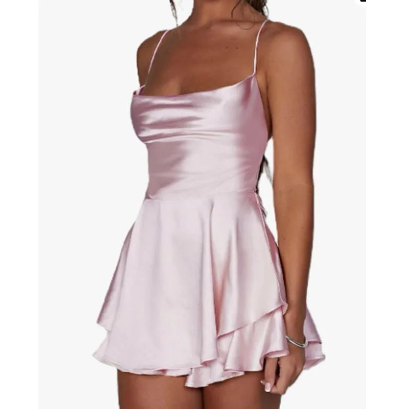 Summer Solid Color Backless Sexy Fashion Satin Lady Short Strap Dress Elegant Sweet Strap Pullover Women's Mini Skirt New 23235