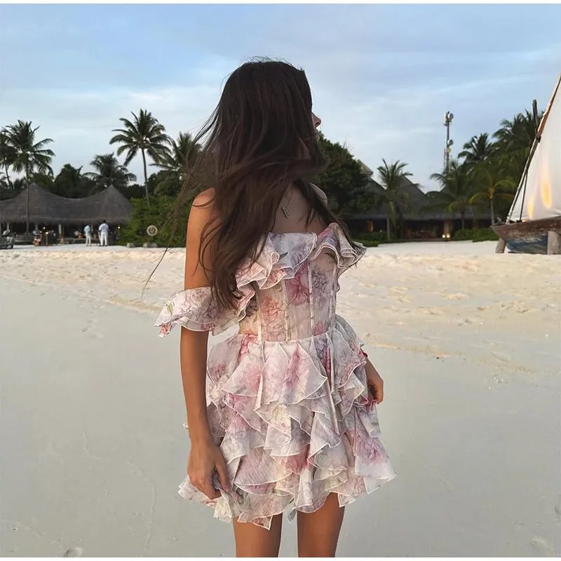 Sexy Flare Sleeve V Neck Printed Mini Dress Fashion Pleated A-line High Waist Gown New Lady Summer Evening Party Club Vestidos
